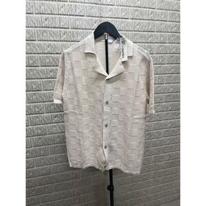 No Boundaries Mens Check Mesh Button Sweater Pearl White XS Short Sleeve Polo